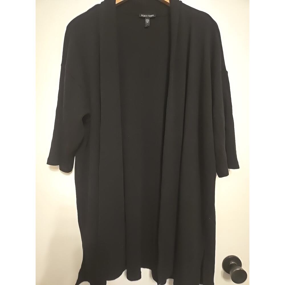 Eileen Fisher Black Ribbed Open Cardigan Sz XL